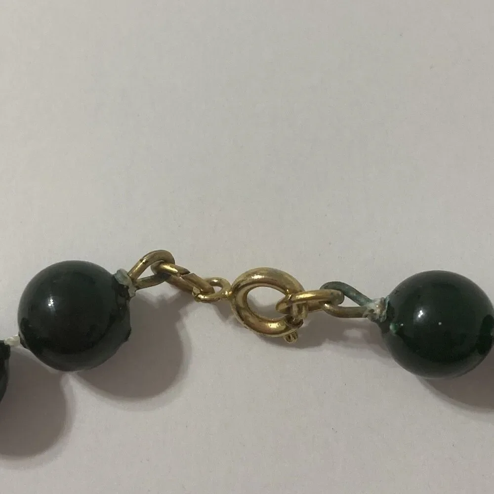Dark Green Gold Tone Graduation Bead Round Acrylic Necklace Bohemian Hippy